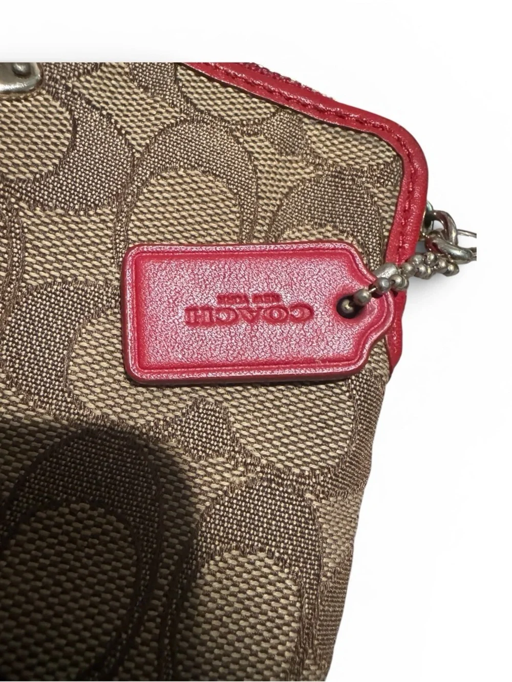 Vintage Y2K Coach Tan Signature Canvas Wristlet with Red Leather Trim